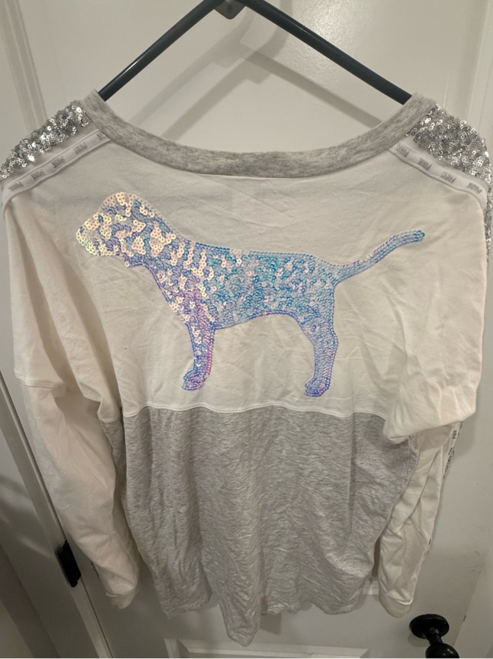 Victoria's Secret Sequin Dog Long Sleeve Top in White and Gray